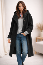 Women's Hooded Wool Blend Coat with Button Front and Pockets