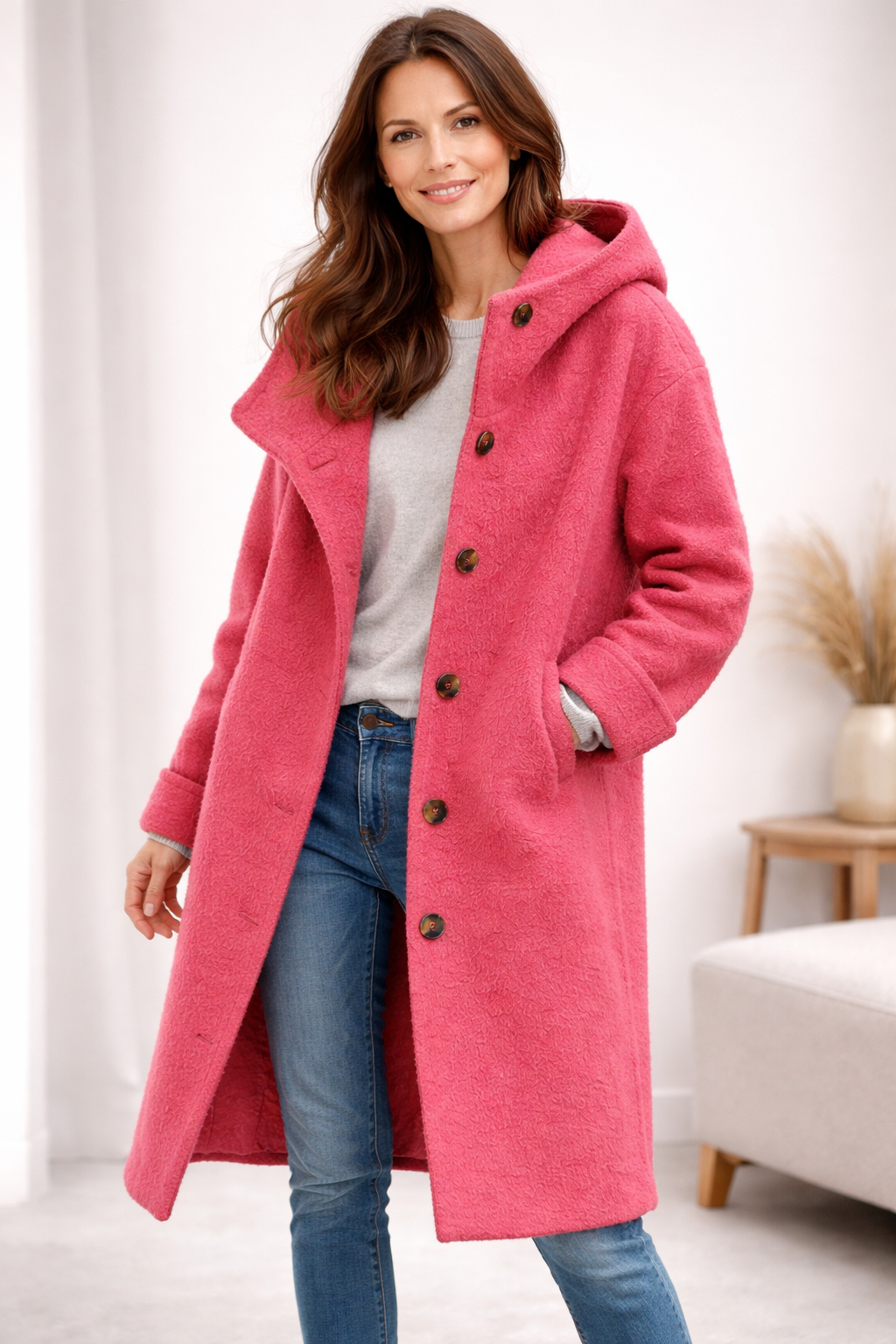 Women's Hooded Wool Blend Coat with Button Front and Pockets