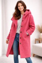 Women's Hooded Wool Blend Coat with Button Front and Pockets