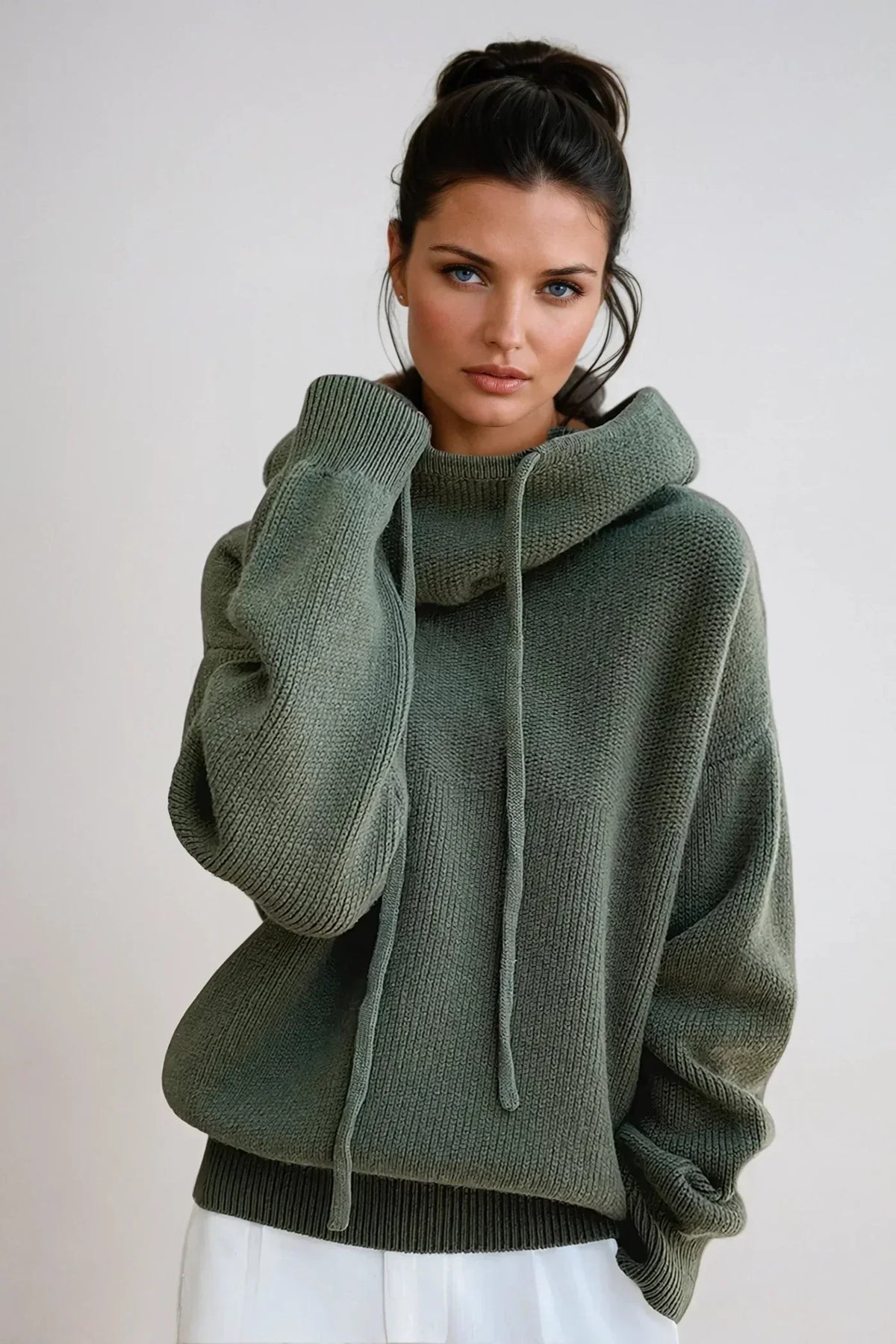Women's Knitted Jumper with Cowl Neck and Drawstring