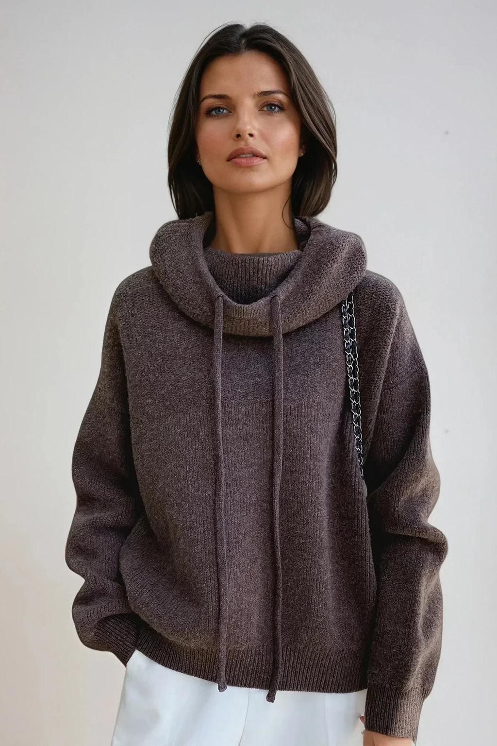 Women's Knitted Jumper with Cowl Neck and Drawstring