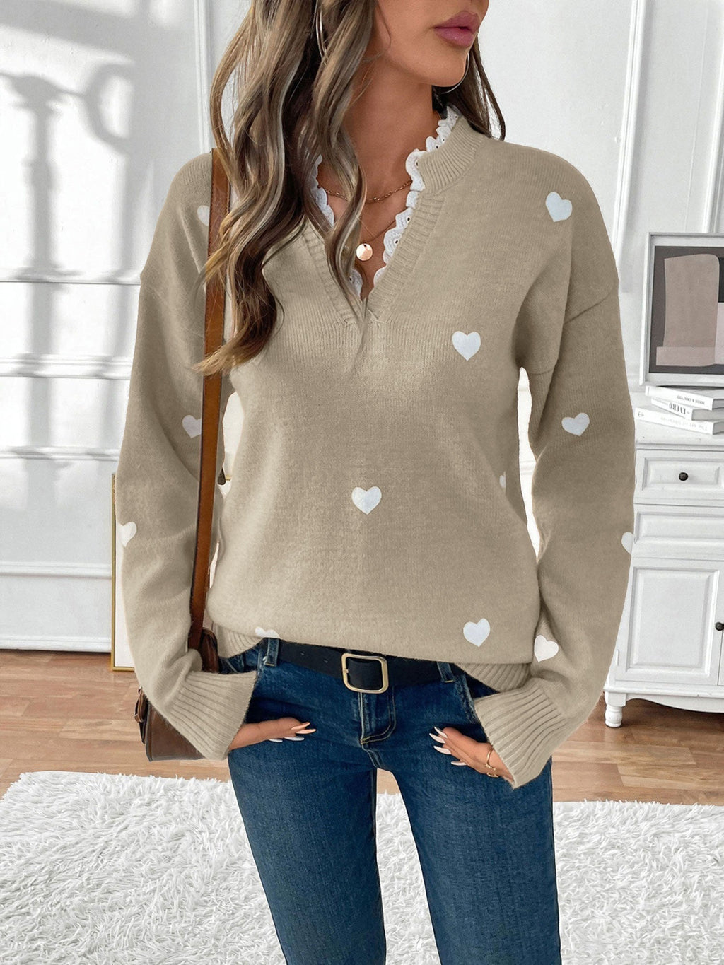 Women's Knit Jumper with Heart Detail and Lace V-Neck