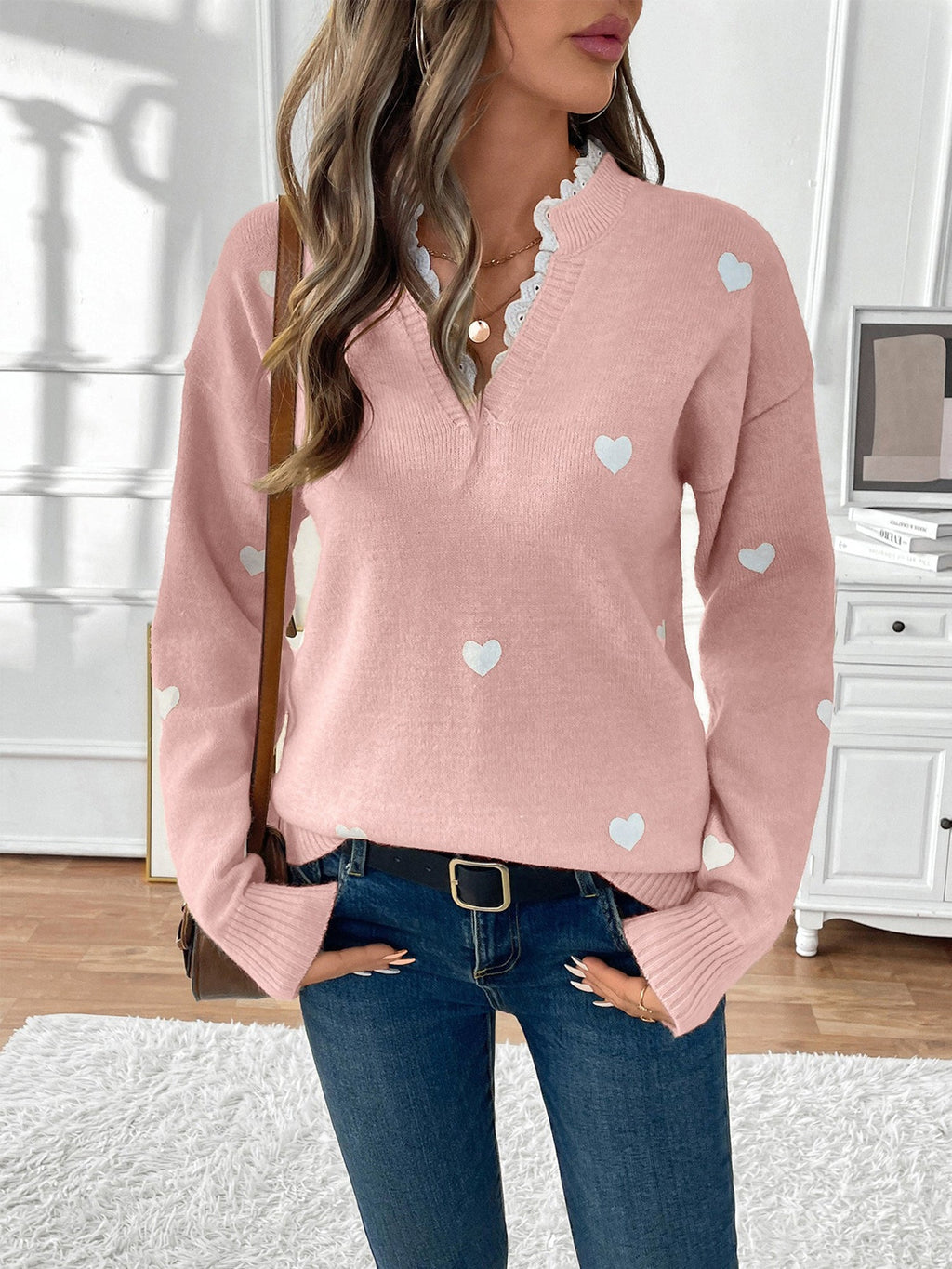 Women's Knit Jumper with Heart Detail and Lace V-Neck