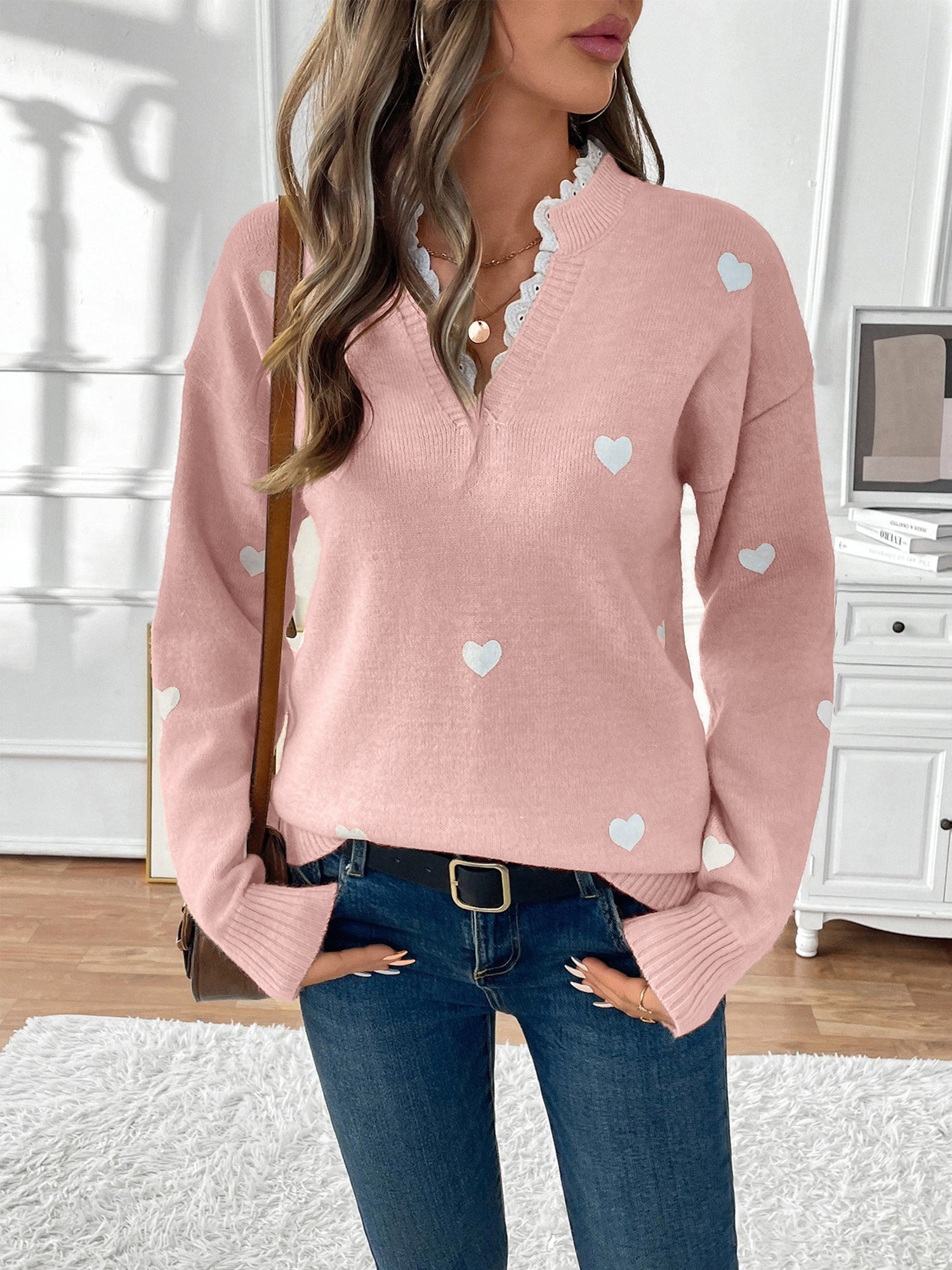 Women's Knit Jumper with Heart Detail and Lace V-Neck
