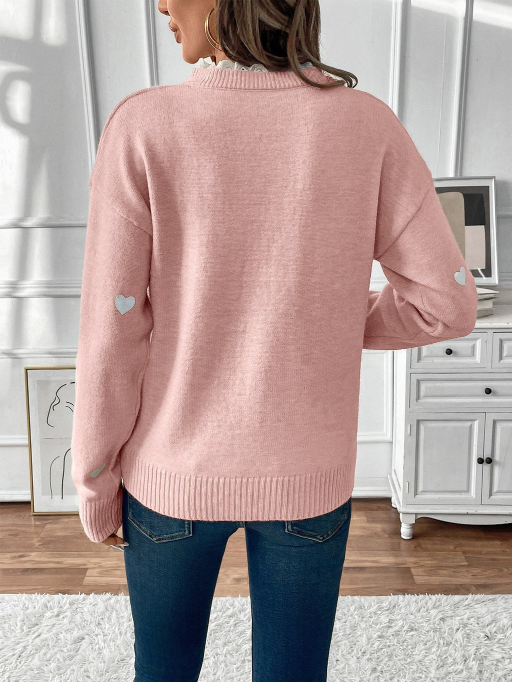 Women's Knit Jumper with Heart Detail and Lace V-Neck