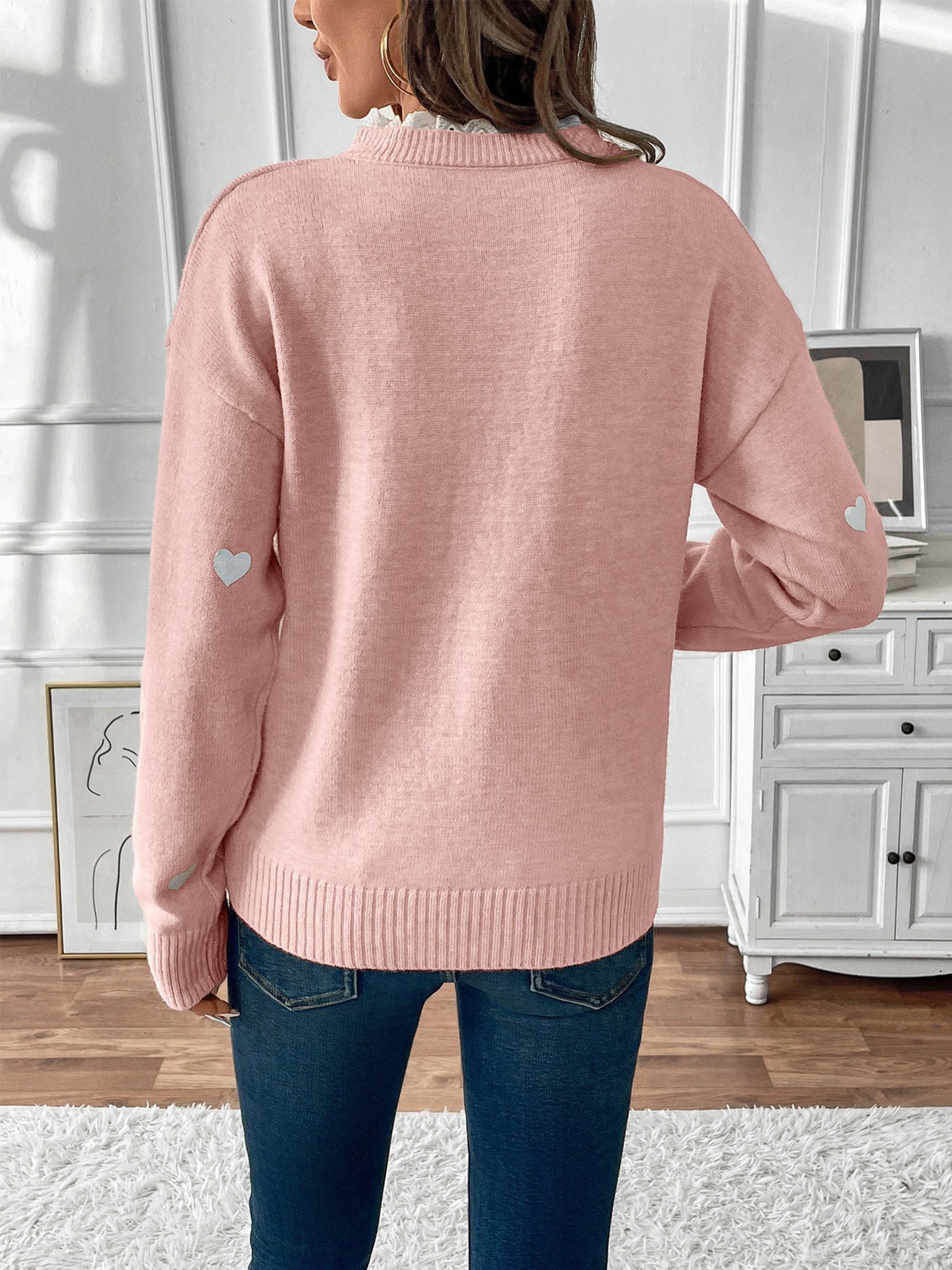 Women's Knit Jumper with Heart Detail and Lace V-Neck