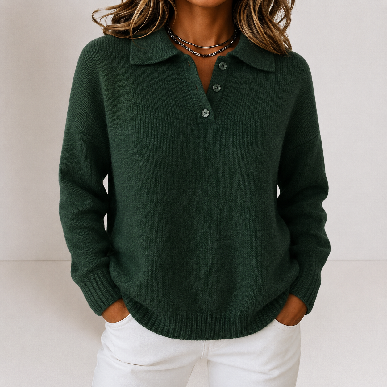 Women's Knitted Polo Jumper with Button Placket
