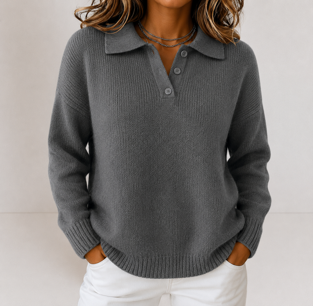 Women's Knitted Polo Jumper with Button Placket