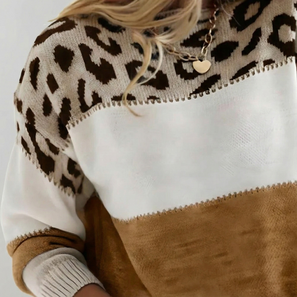 Women's Leopard Print Knit Jumper with Colour Block
