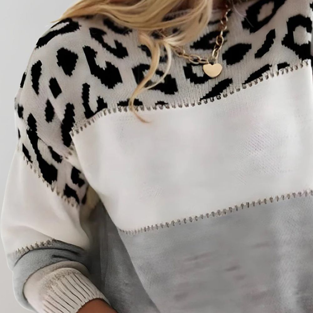 Women's Leopard Print Knit Jumper with Colour Block