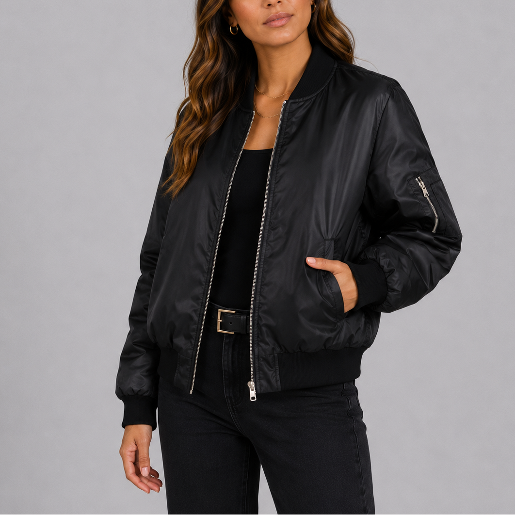 Women's Classic Zip Up Bomber Jacket with Pockets