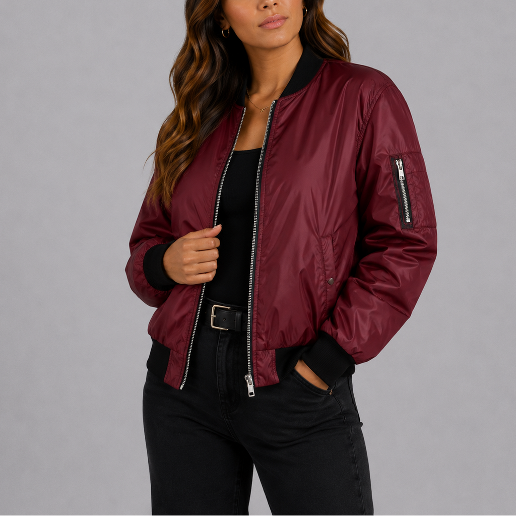 Women's Classic Zip Up Bomber Jacket with Pockets