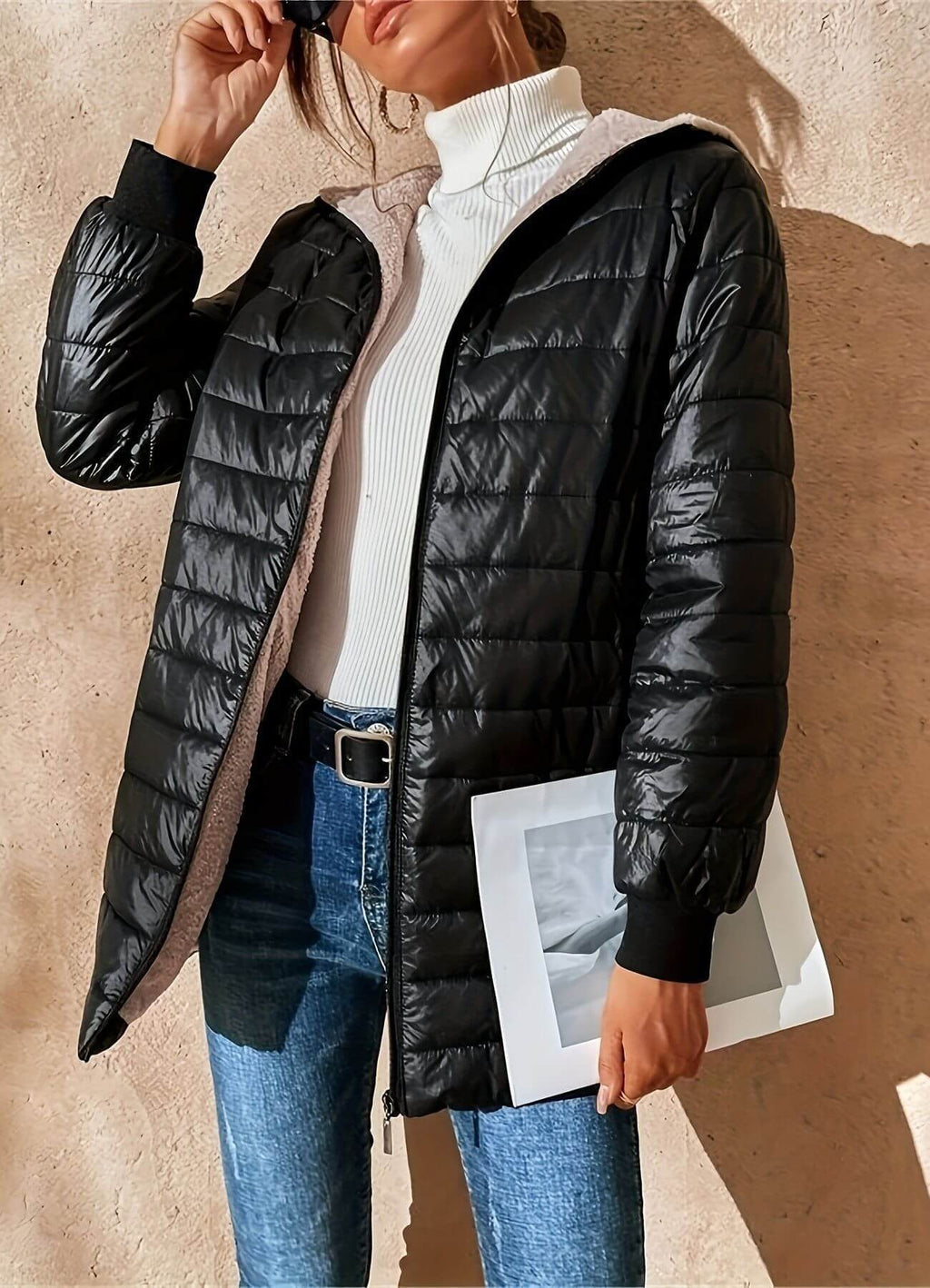 Women's Long Quilted Puffer Jacket with Sherpa Lining and Hood