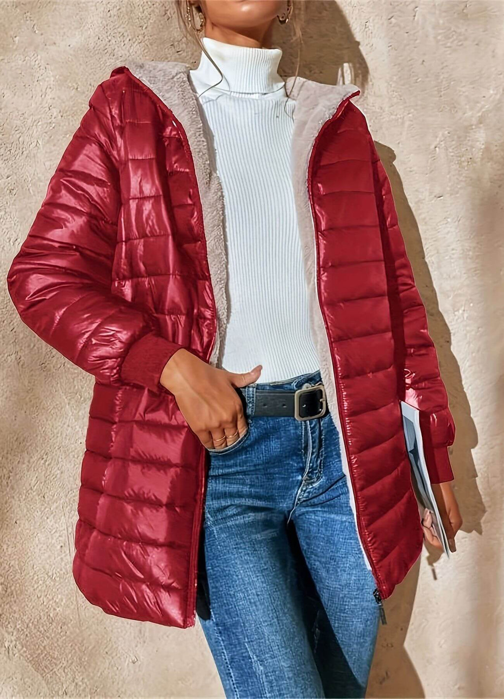 Women's Long Quilted Puffer Jacket with Sherpa Lining and Hood