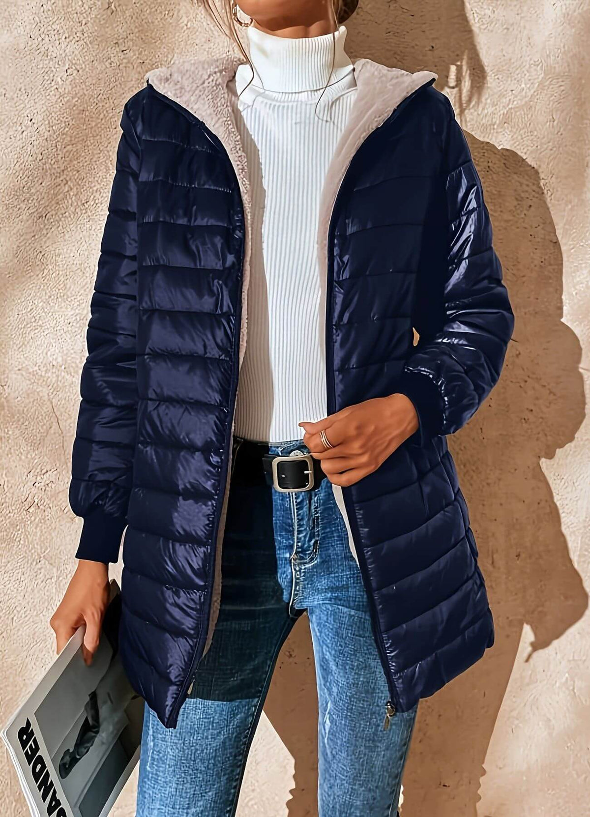 Women's Long Quilted Puffer Jacket with Sherpa Lining and Hood