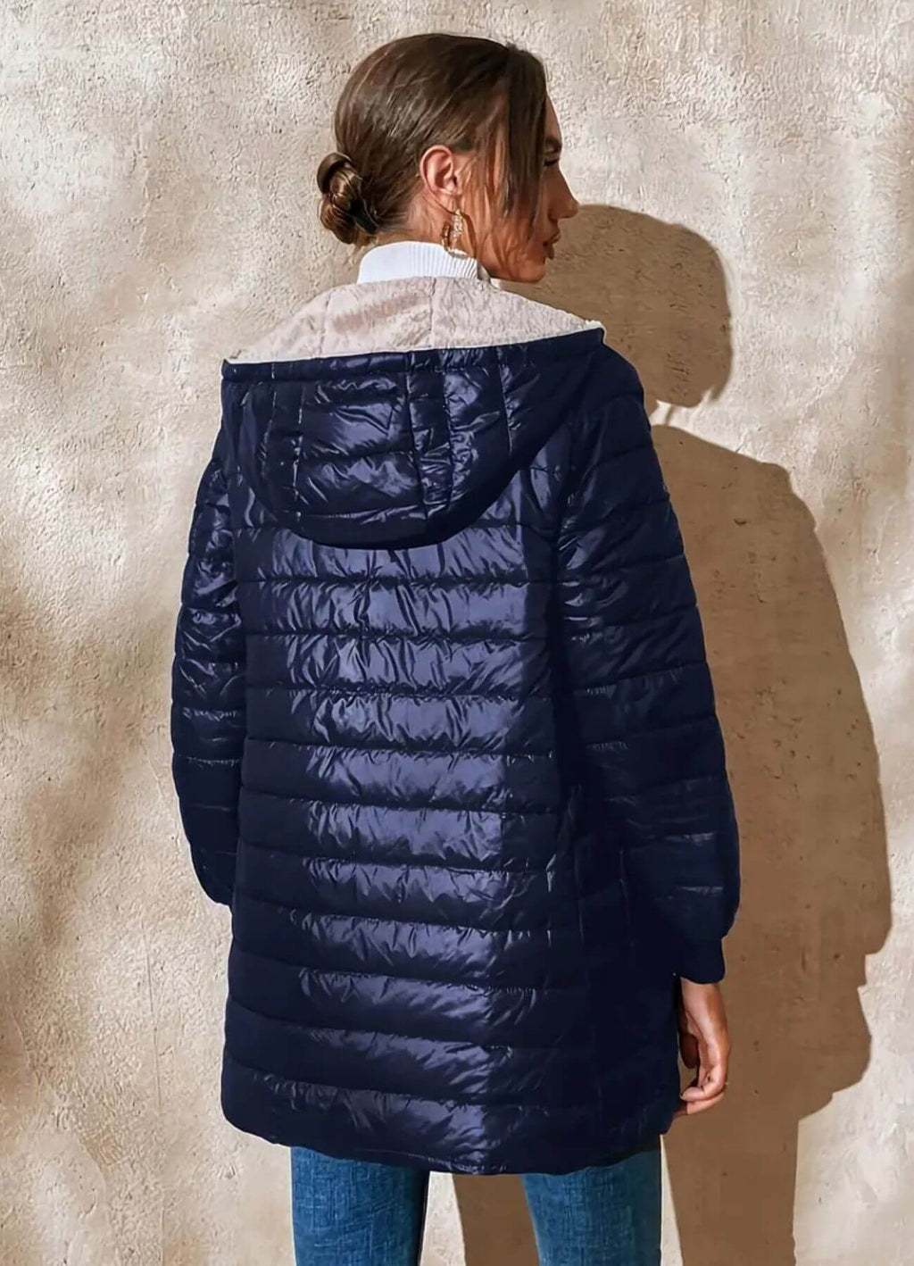 Women's Long Quilted Puffer Jacket with Sherpa Lining and Hood