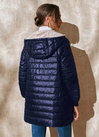 Women's Long Quilted Puffer Jacket with Sherpa Lining and Hood