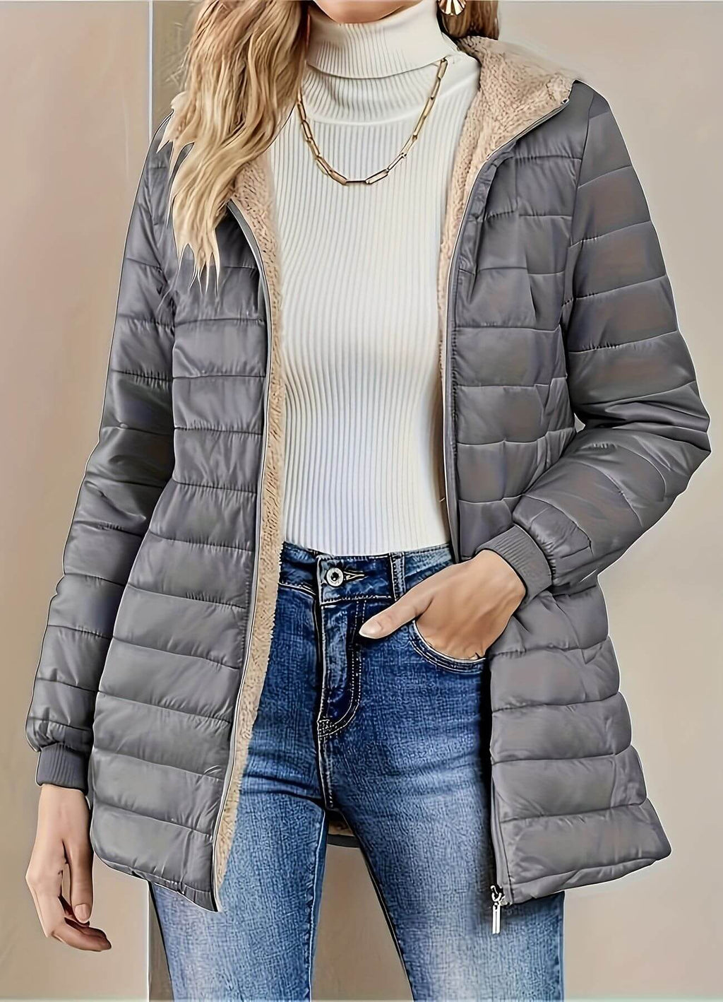 Women's Long Quilted Puffer Jacket with Sherpa Lining and Hood