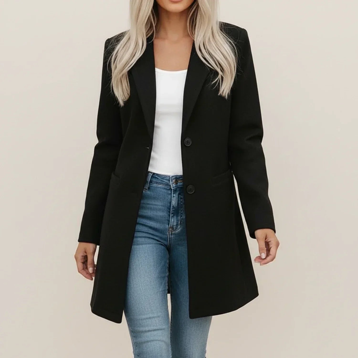 Women's Long Blazer Jacket with Lapel Collar and Front Pockets