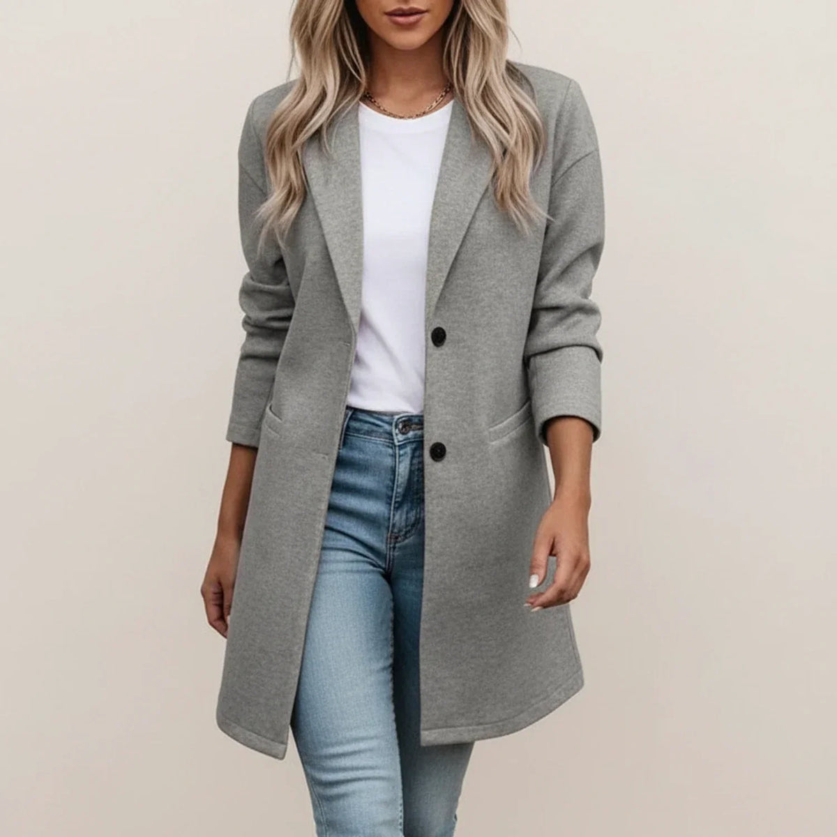 Women's Long Blazer Jacket with Lapel Collar and Front Pockets