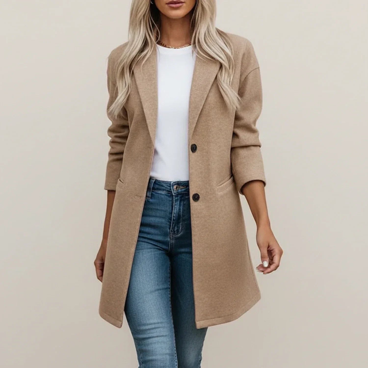 Women's Long Blazer Jacket with Lapel Collar and Front Pockets