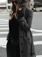 Women's Long Coat with High Collar and Belted Waist