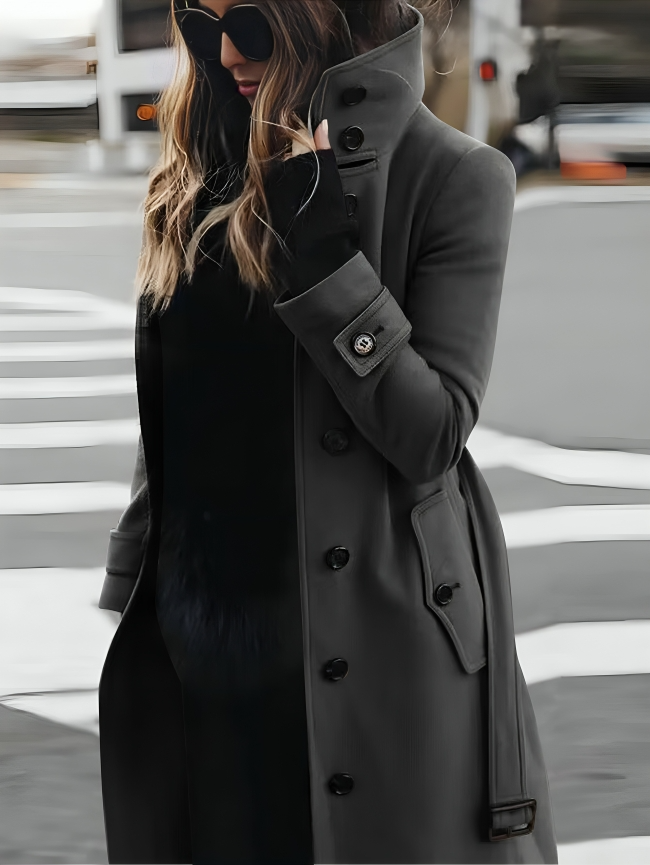 Women's Long Coat with High Collar and Belted Waist