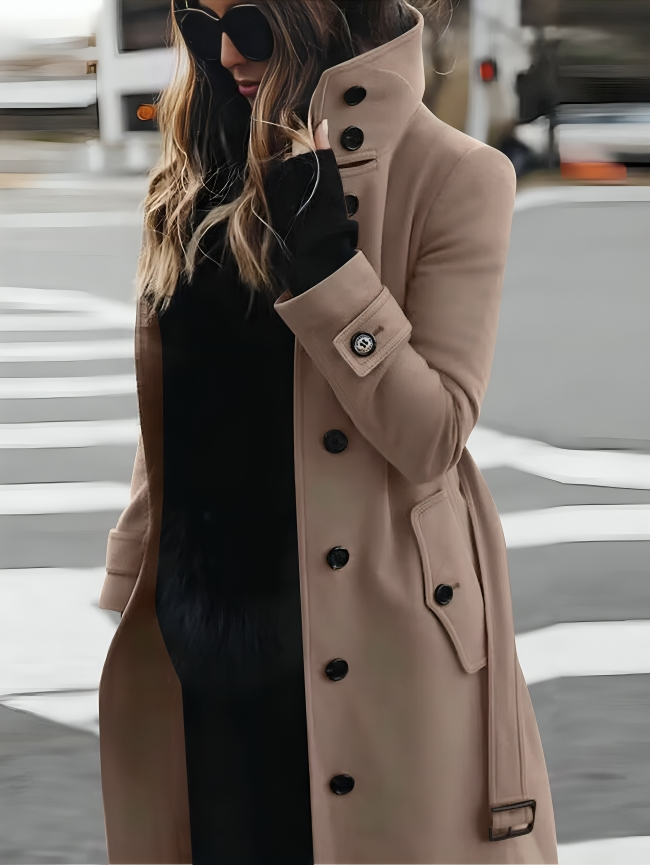 Women's Long Coat with High Collar and Belted Waist
