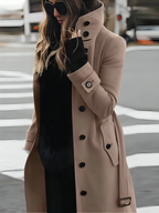 Women's Long Coat with High Collar and Belted Waist