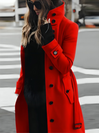 Women's Long Coat with High Collar and Belted Waist