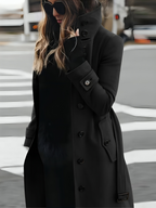Women's Long Coat with High Collar and Belted Waist
