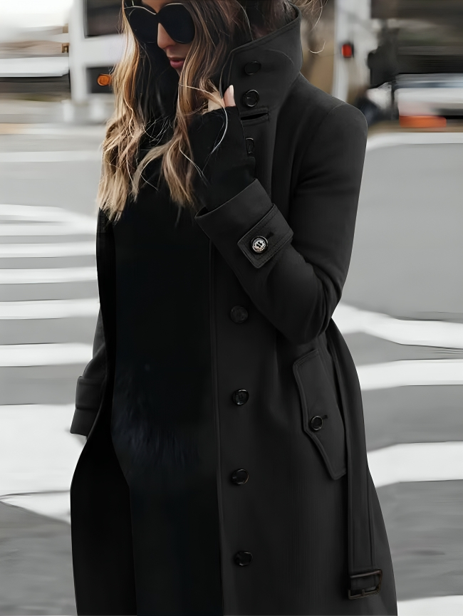 Women's Long Coat with High Collar and Belted Waist