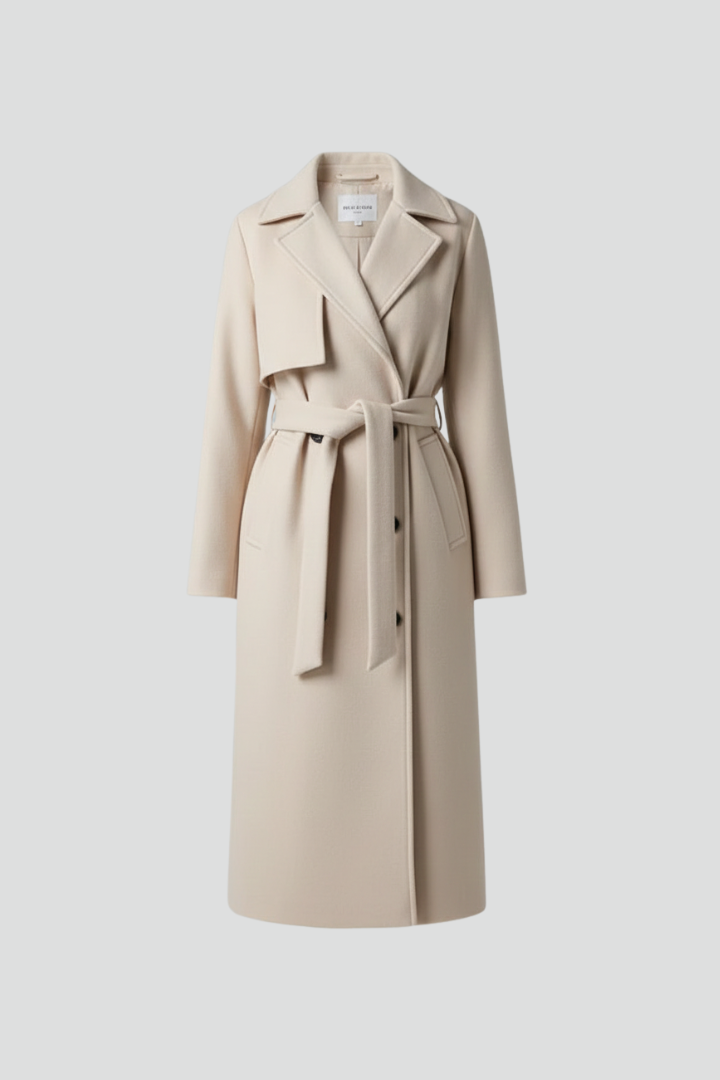Women's Long Coat with Belt and Double-Breasted Front
