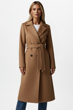 Women's Long Coat with Belt and Double-Breasted Front