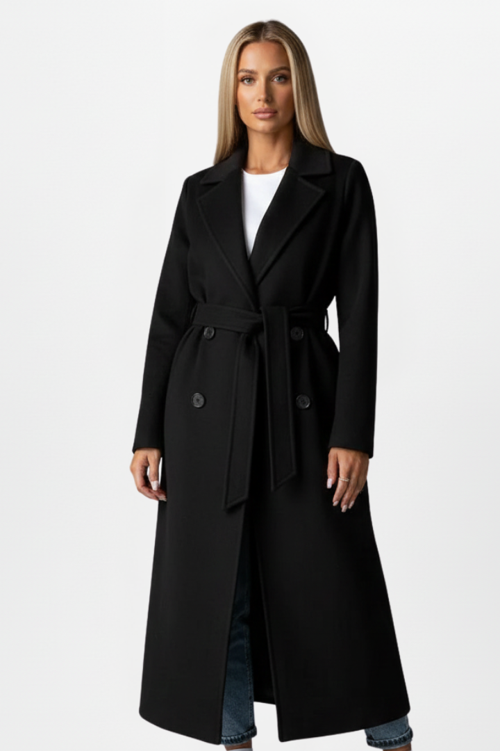 Women's Long Coat with Belt and Double-Breasted Front