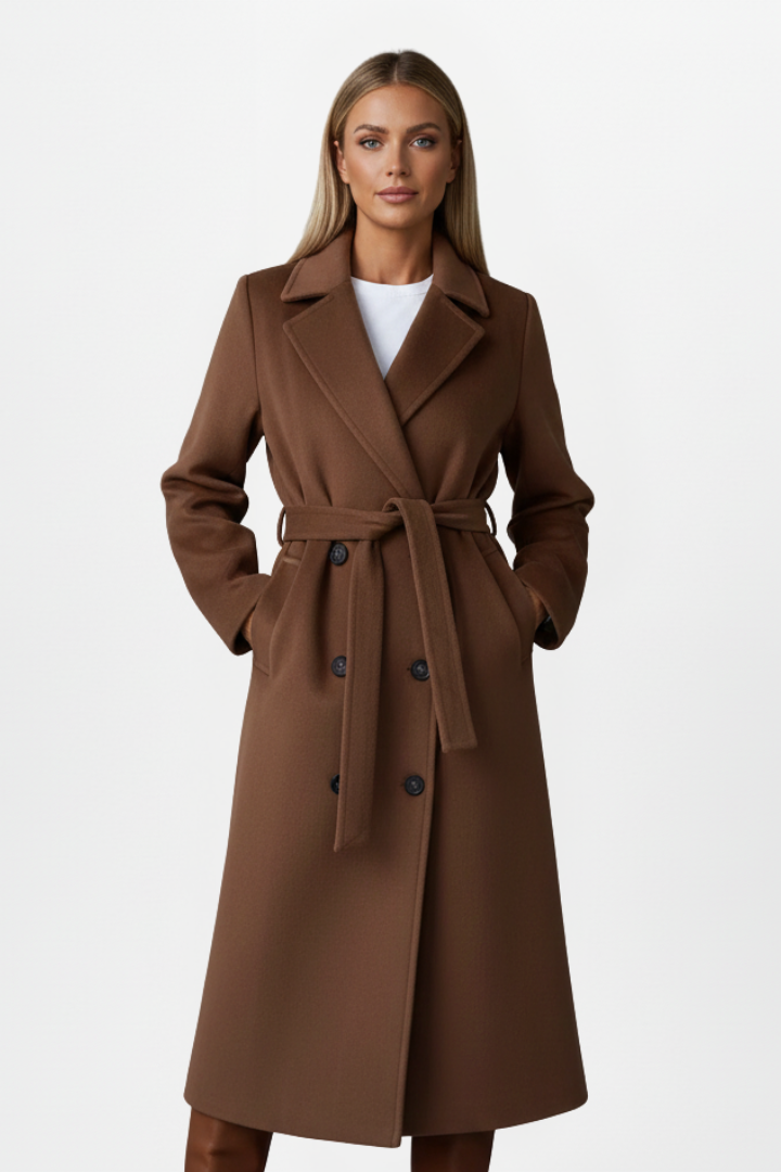 Women's Long Coat with Belt and Double-Breasted Front