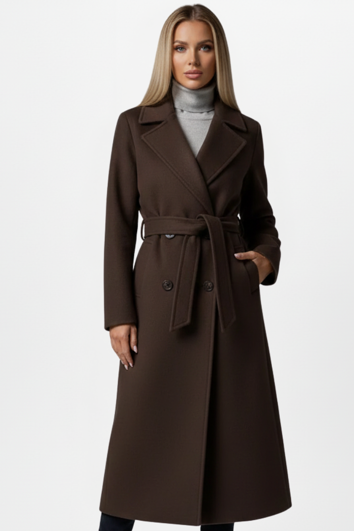 Women's Long Coat with Belt and Double-Breasted Front