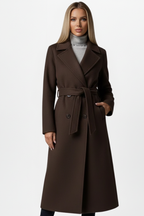 Women's Long Coat with Belt and Double-Breasted Front