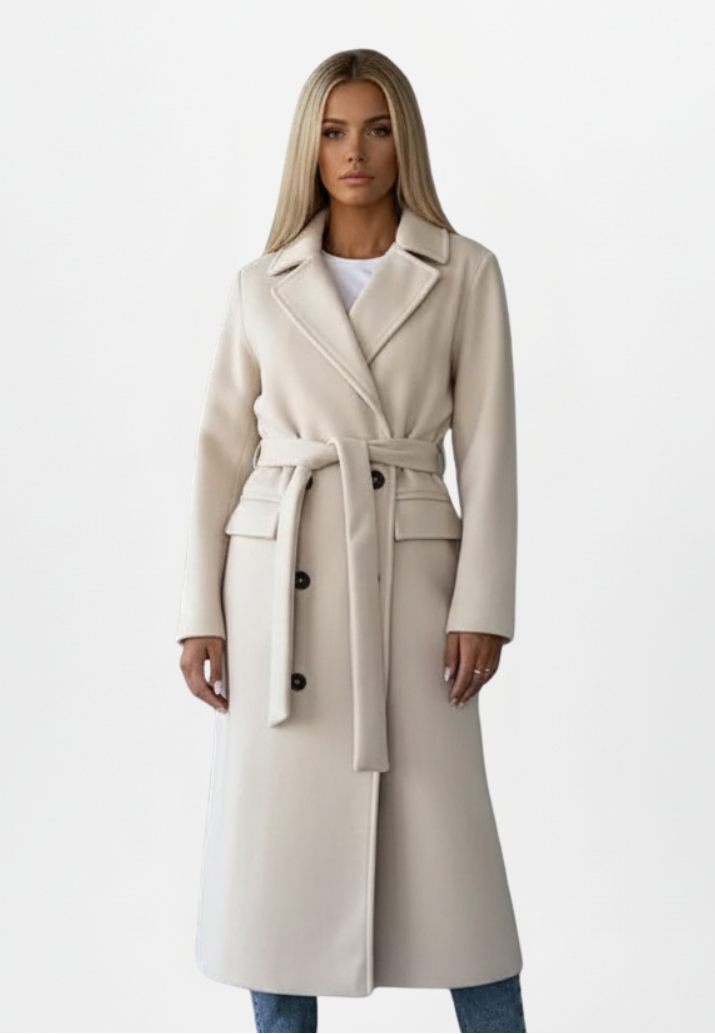 Women's Long Coat with Belt and Double-Breasted Front