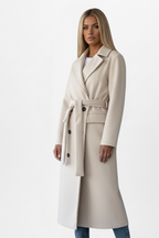 Women's Long Coat with Belt and Double-Breasted Front