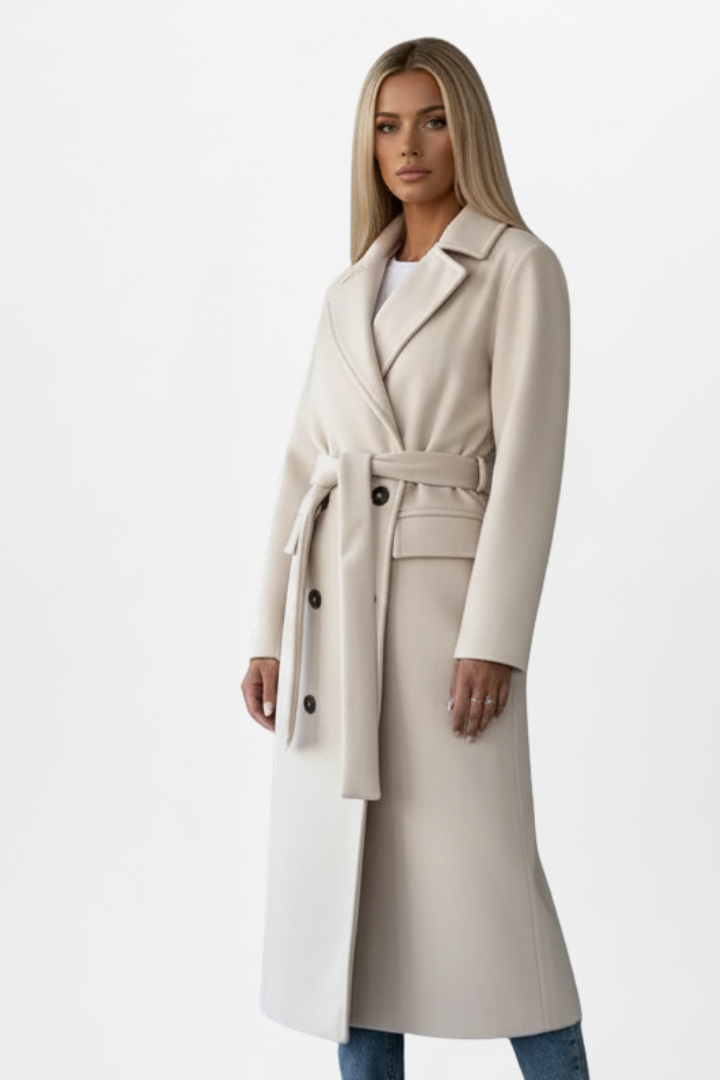 Women's Long Coat with Belt and Double-Breasted Front