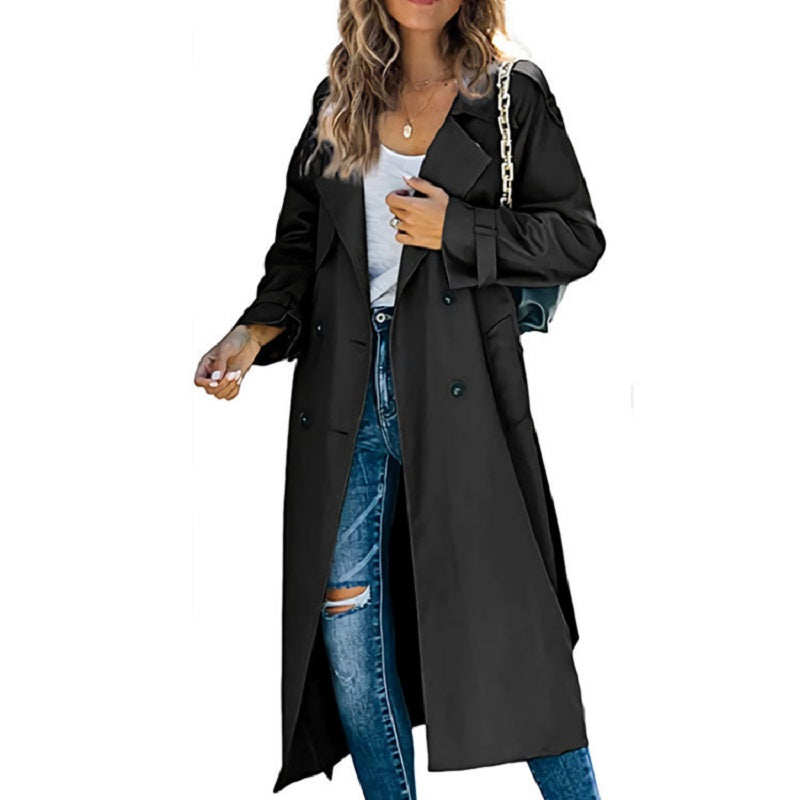 Women's Long Trench Coat with Button Front and Belt - Black