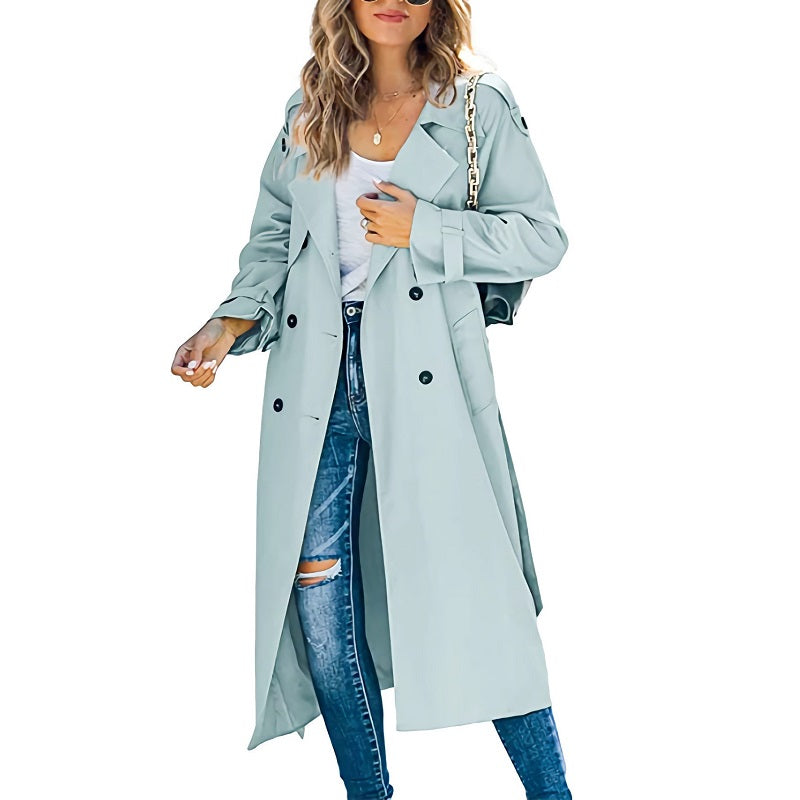 Women's Long Trench Coat with Button Front and Belt - Light blue