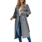 Women's Long Trench Coat with Button Front and Belt - Grey