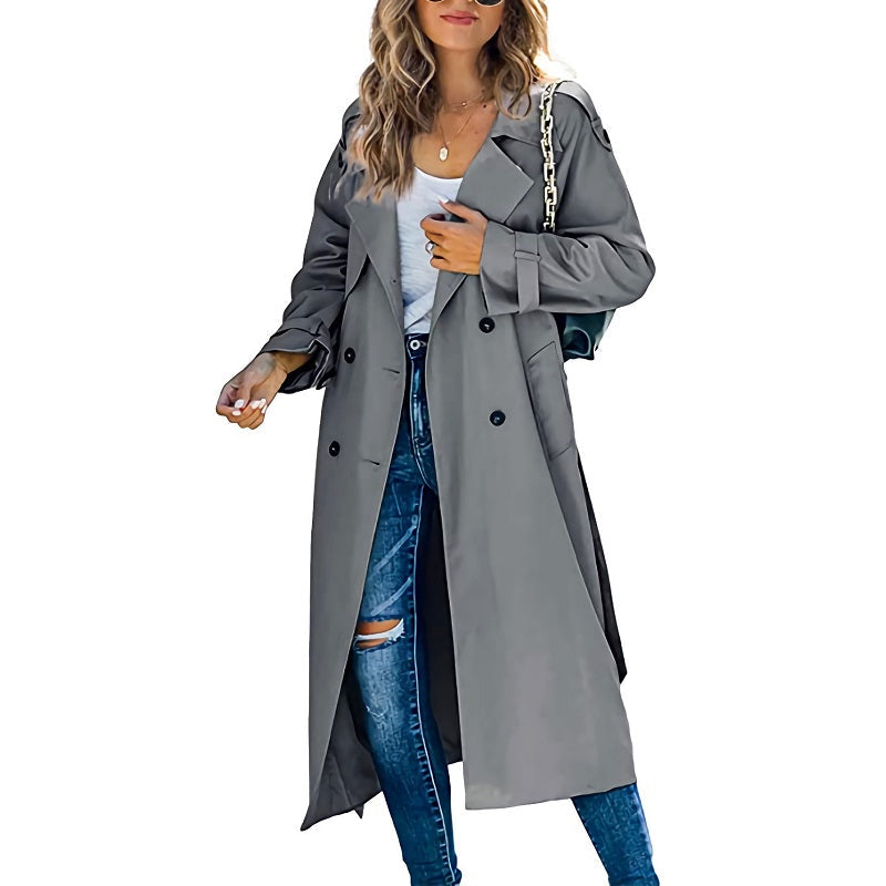 Women's Long Trench Coat with Button Front and Belt - Grey