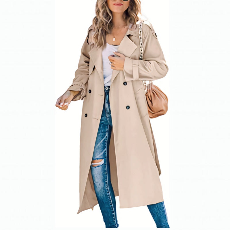 Women's Long Trench Coat with Button Front and Belt - Khaki
