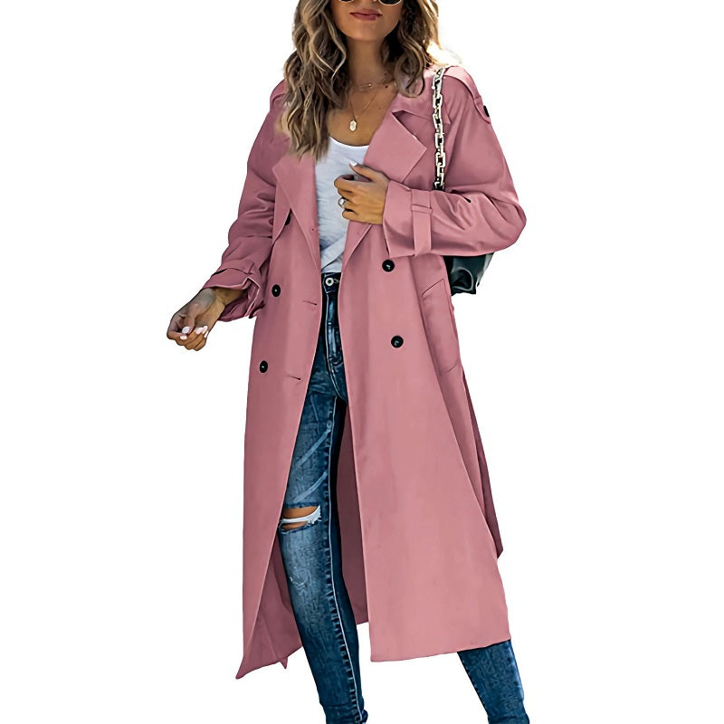 Women's Long Trench Coat with Button Front and Belt - Pink