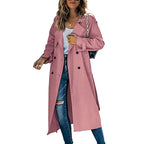 Women's Long Trench Coat with Button Front and Belt - Pink