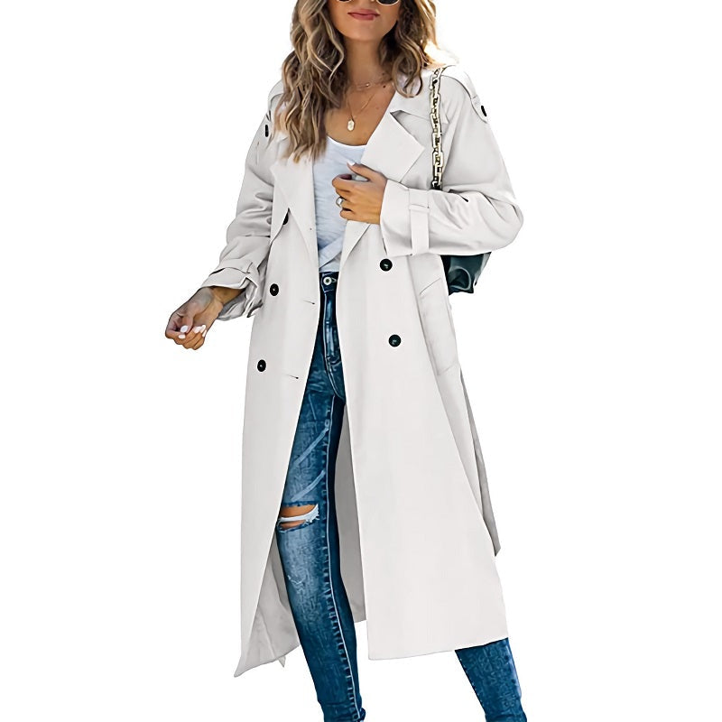 Women's Long Trench Coat with Button Front and Belt - White
