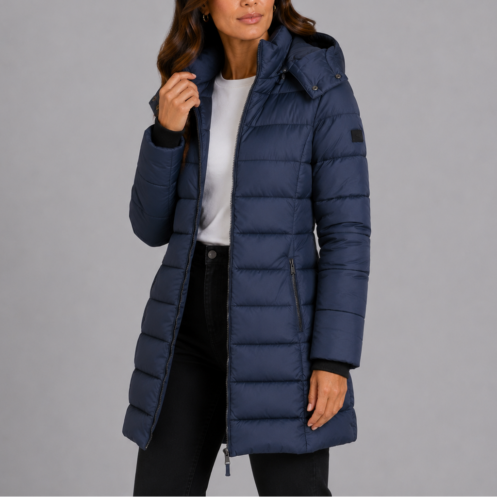 Women's long hooded quilted puffer jacket, padded zip-front winter coat